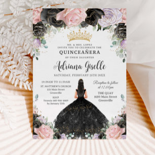 Black Pink Purple Floral Gold Quinceanera Sweet 16 Invitation