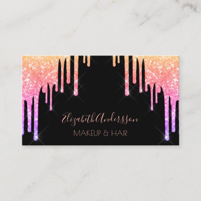 Black pink purple glitter drips makeup hair business card (Front)