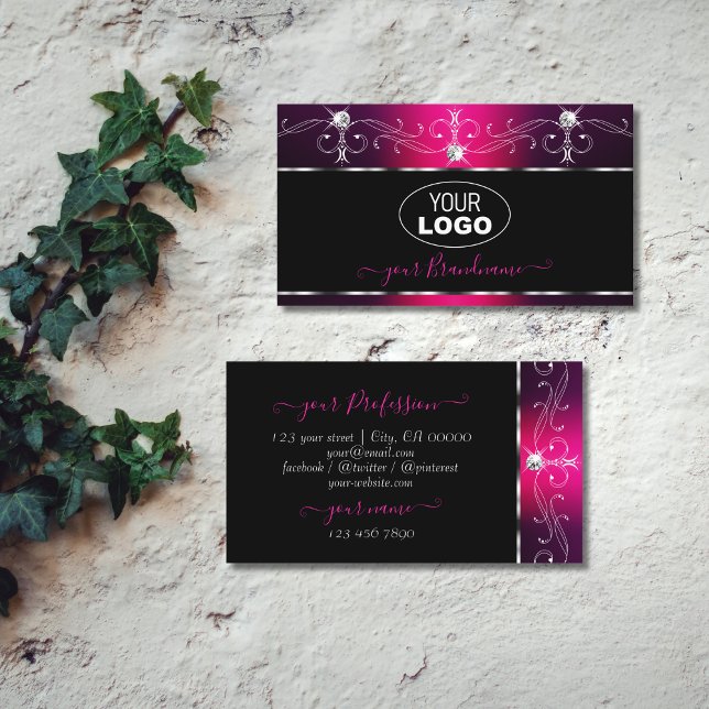 Black Pink Purple Orante Sparkle Diamonds Add Logo Business Card (Creator Uploaded)