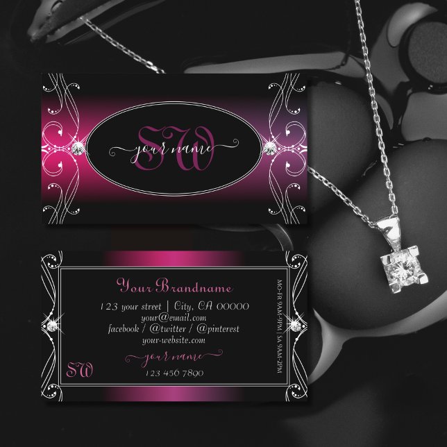 Black Pink Purple Ornate Sparkle Diamonds Monogram Business Card (Creator Uploaded)