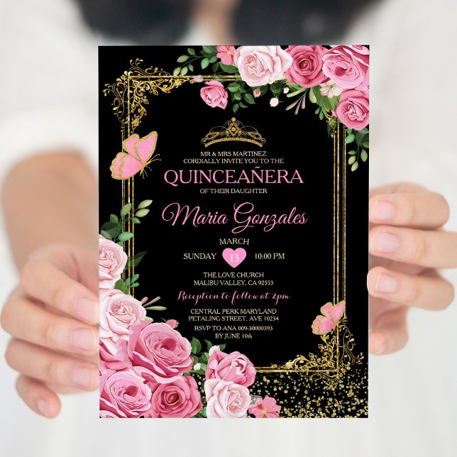 Black Pink Quinceañera Crown Butterfly 15 Anos Invitation (Creator Uploaded)