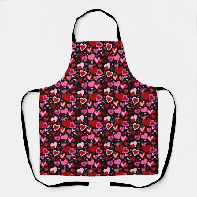 Black Pink Red Hearts Love Pattern Apron (Front)