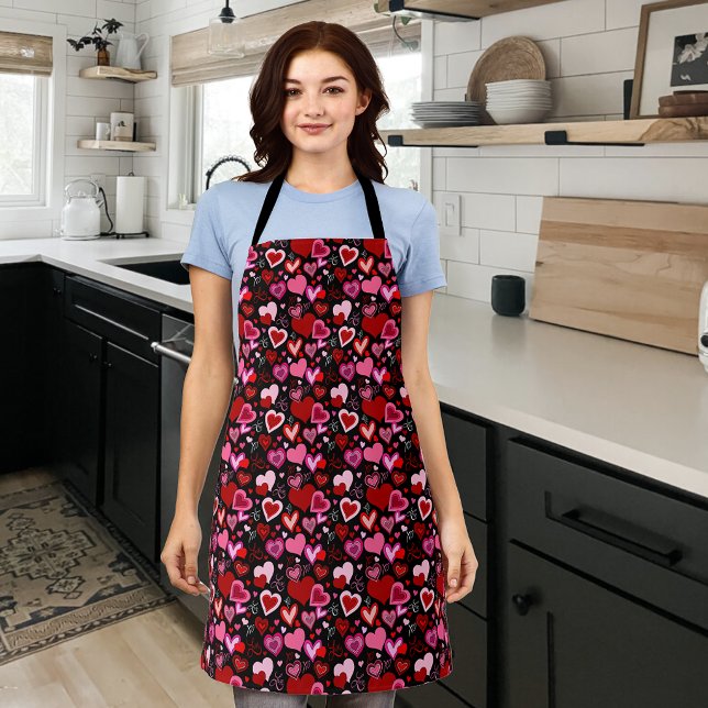 Black Pink Red Hearts Love Pattern Apron (Creator Uploaded)