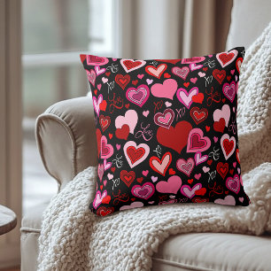 Black Pink Red Hearts Love Pattern Cushion