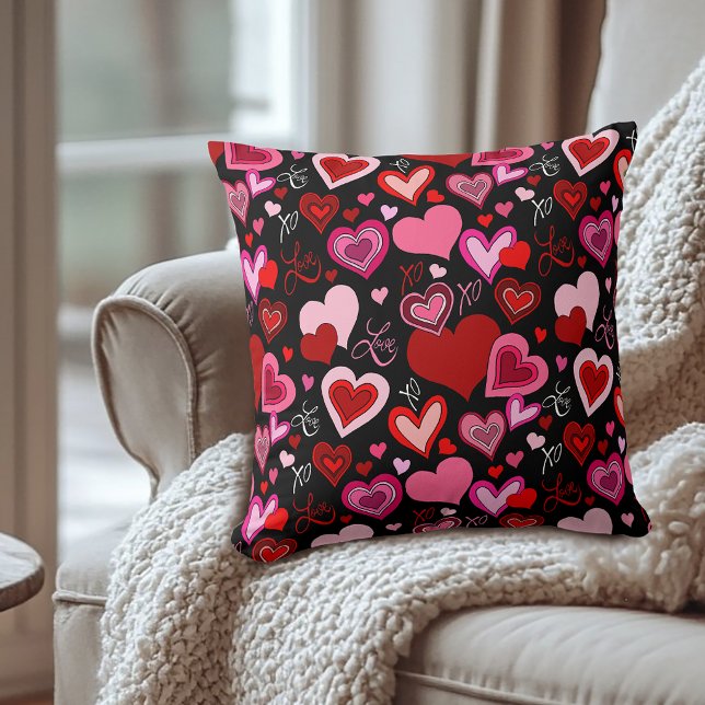 Black Pink Red Hearts Love Pattern Cushion (Creator Uploaded)