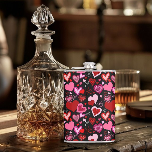 Black Pink Red Hearts Love Pattern Hip Flask (Creator Uploaded)