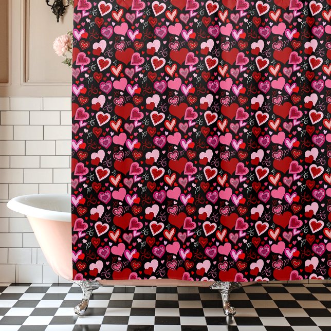 Black Pink Red Hearts Love Pattern Shower Curtain (Creator Uploaded)
