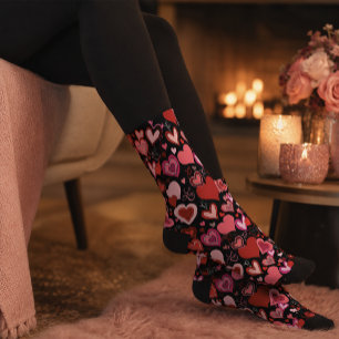 Black Pink Red Hearts Love Pattern Socks