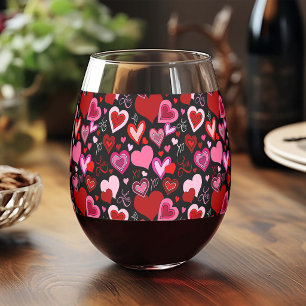 Black Pink Red Hearts Love Pattern Stemless Wine Glass