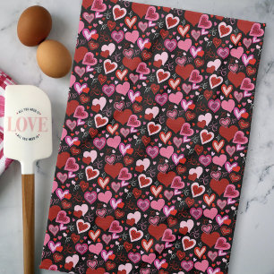 Black Pink Red Hearts Love Pattern Tea Towel
