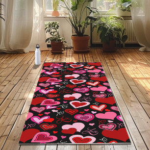 Black Pink Red Hearts Love Pattern Yoga Mat