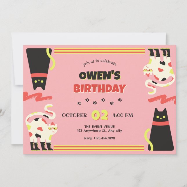Black Pink retro cat birthday Invitation (Front)