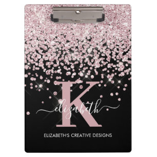 Black Pink Rose Gold Diamond Glitter Monogrammed Clipboard