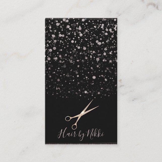 Black & Pink Rose Gold Galaxy Dot Splatter Stylist Business Card (Front)
