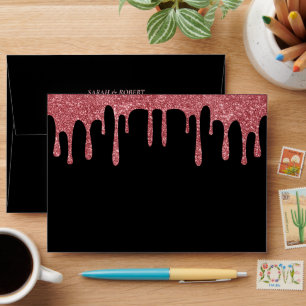 Black & Pink Rose Gold Glitter Drip Wedding Envelope