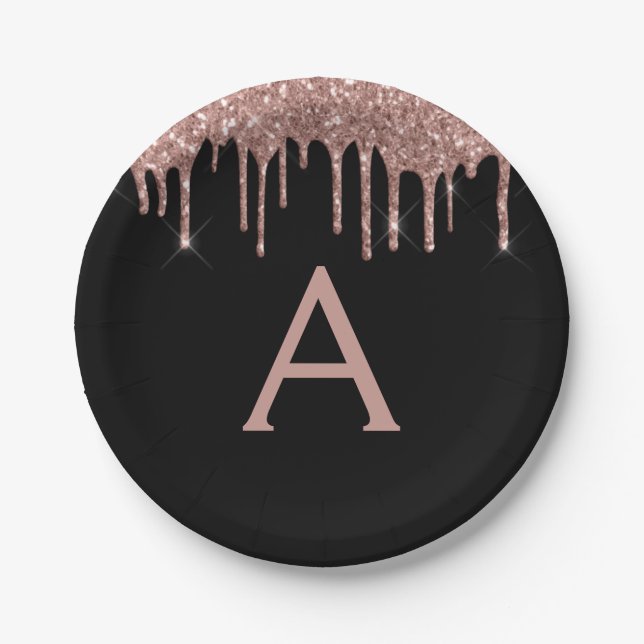 Black Pink Rose Gold Glitter Monogram Birthday Paper Plate (Front)