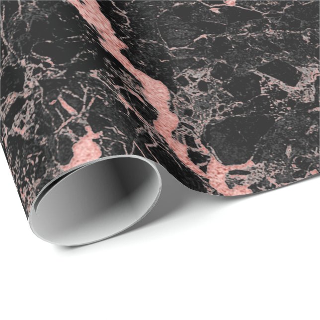Black Pink Rose Veins Abstract  Marble Stone Glam Wrapping Paper (Roll Corner)