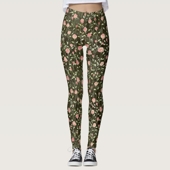 Black Pink Roses Floral Leggings (Front)