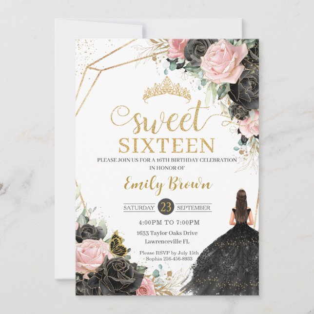 Black Pink Roses Floral Princess Sweet Sixteen Invitation (Front)