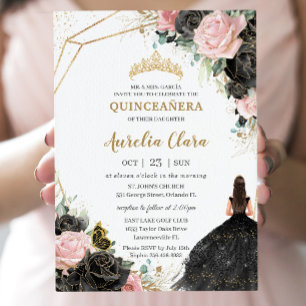 Black Pink Roses Floral Quinceañera Sweet Sixteen Invitation