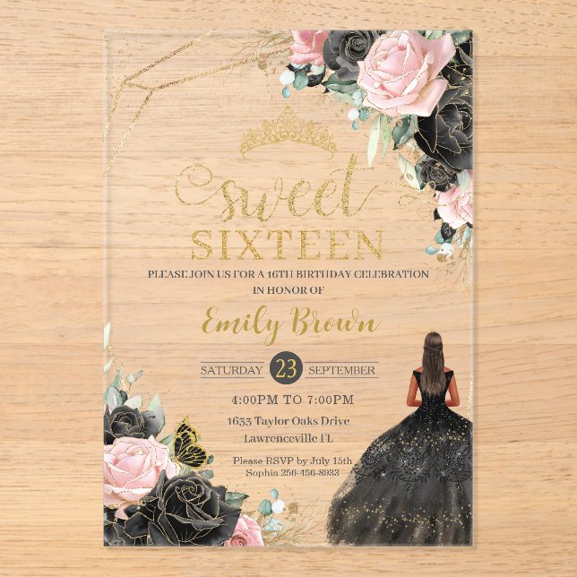 Black Pink Roses Floral Tan Princess Sweet Sixteen Acrylic Invitations (Front)