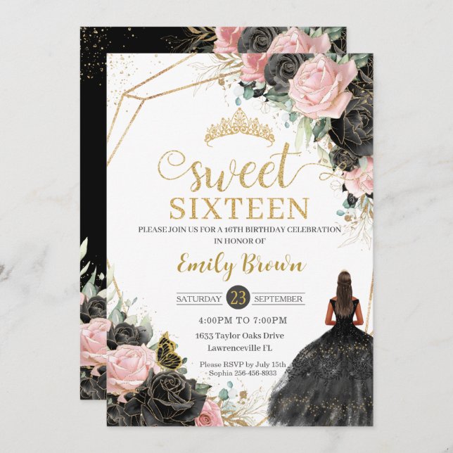 Black Pink Roses Floral Tan Princess Sweet Sixteen Invitation (Front/Back)