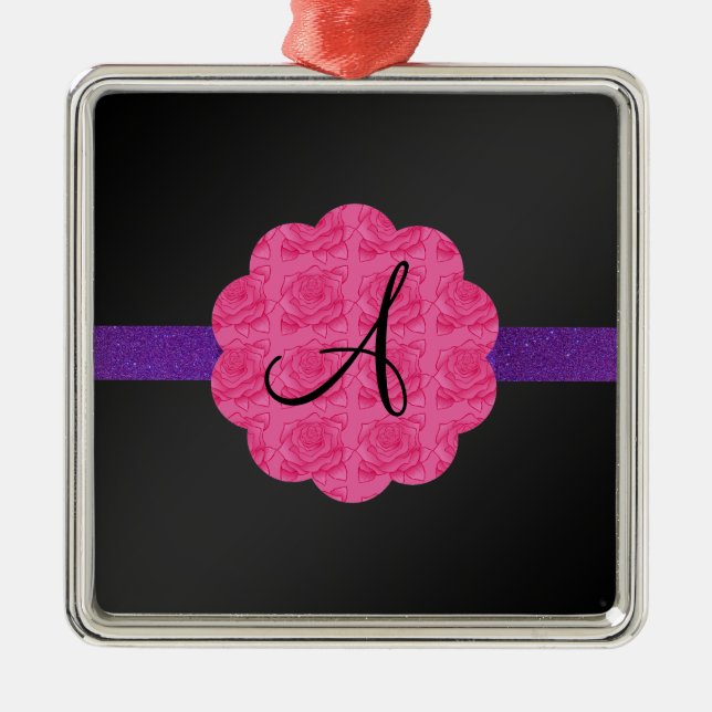 Black pink roses monogram metal tree decoration (Front)