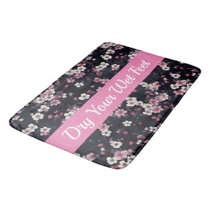 Black Pink Sakura Flowers, Pattern Design,  Bath Mat