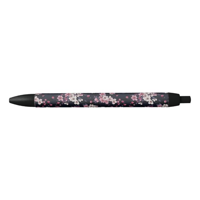 Black Pink Sakura Flowers, Pattern Design,  Black Ink Pen (Front)