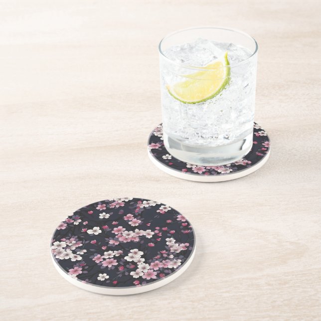 Black Pink Sakura Flowers, Pattern Design,  Coaster (Side)