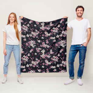 Black Pink Sakura Flowers, Pattern Design,  Fleece Blanket