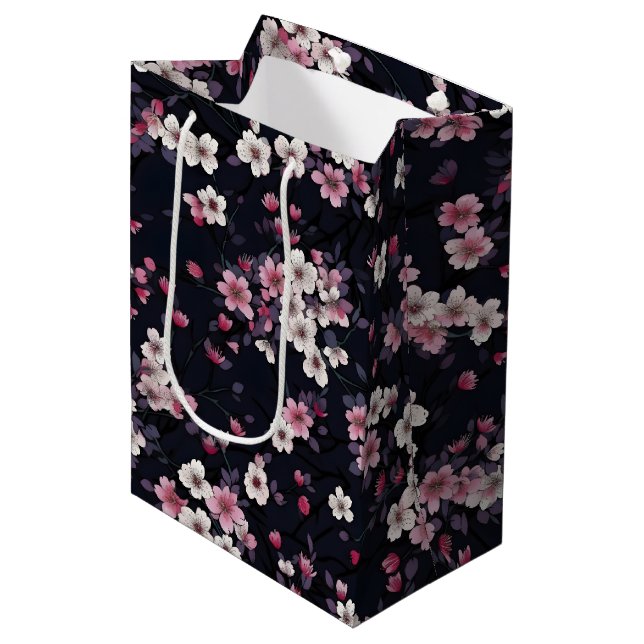 Black Pink Sakura Flowers, Pattern Design,  Medium Gift Bag (Front Angled)