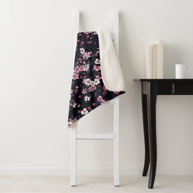 Black Pink Sakura Flowers, Pattern Design,  Sherpa Blanket (In Situ)