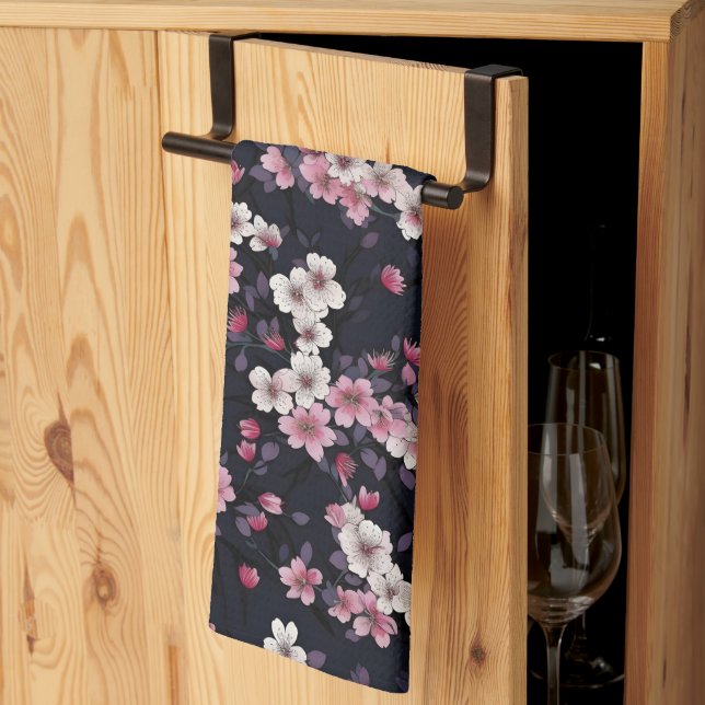 Black Pink Sakura Flowers, Pattern Design,  Tea Towel (Thirds Fold)
