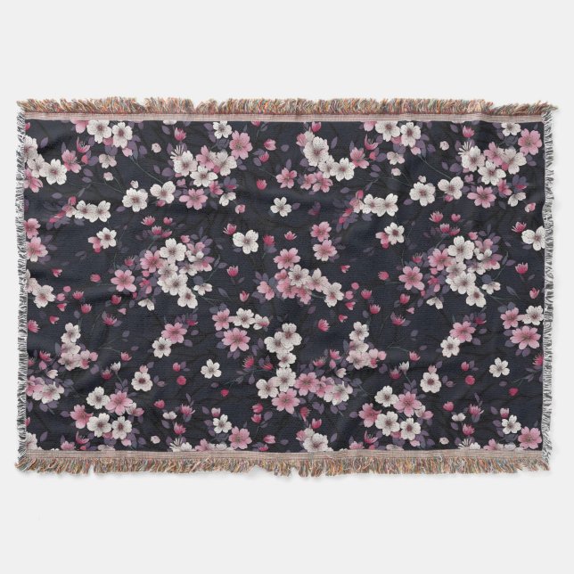 Black Pink Sakura Flowers, Pattern Design,  Throw Blanket (Front)