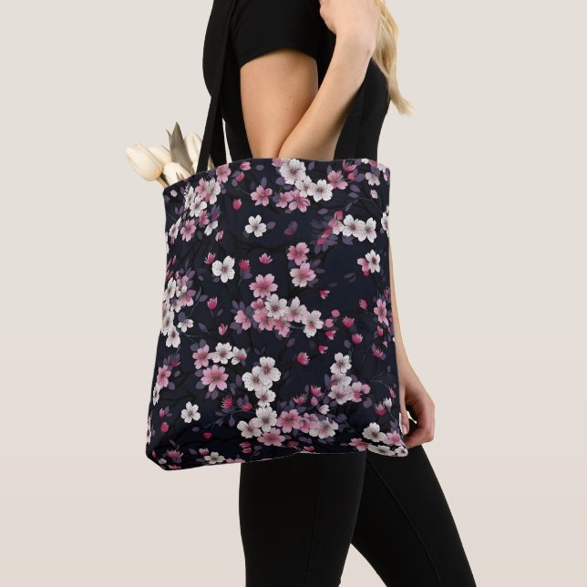Black Pink Sakura Flowers, Pattern Design,  Tote Bag (Close Up)