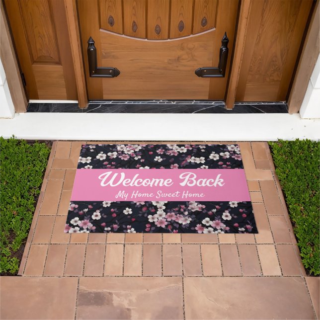 Black Pink Sakura Flowers, Pattern Design, Welcome Doormat (Outdoor)