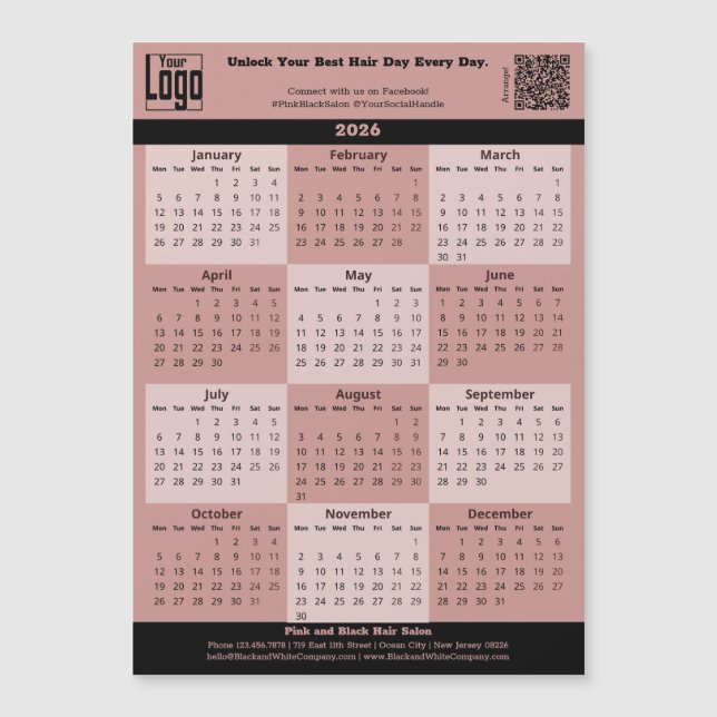 Black Pink Salon Logo QR-code 2026 Calendar Magnet (Front)