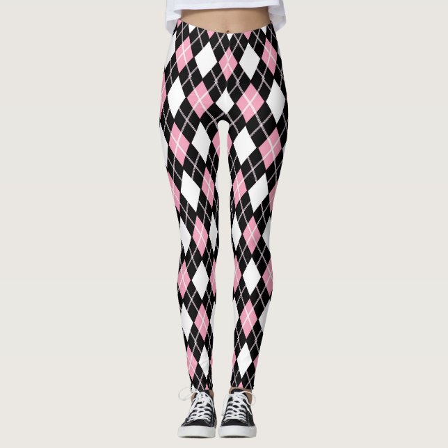 Black & Pink Seamless Argyle Pattern Leggings (Front)
