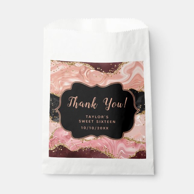 Black Pink Sequins Agate Sweet Sixteen Thank You Favour Bags (Front)