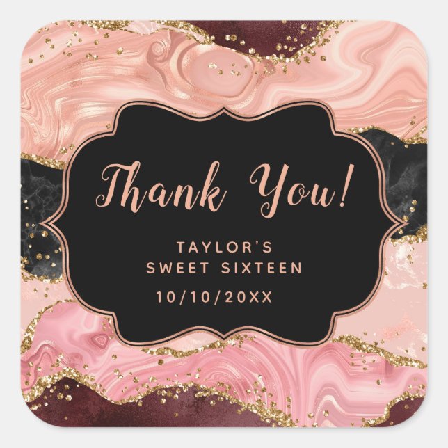 Black Pink Sequins Agate Sweet Sixteen Thank You Square Sticker (Front)