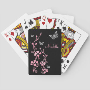 Black Pink Silver Butterfly Floral Playing Cards
