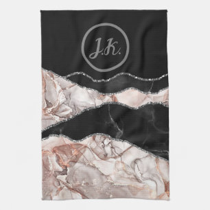 Black Pink Silver Initials Marble Agate Glam  Tea Towel