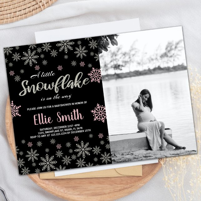 Black Pink Silver Winter Baby Shower Photo Invitation (Black Pink Silver Winter Baby Shower Photo Invitation)