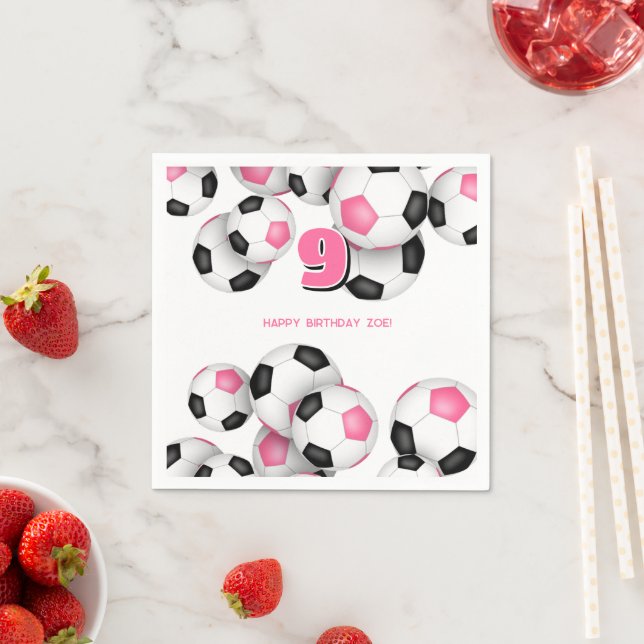 black pink soccer balls girls birthday party napkin (Insitu)