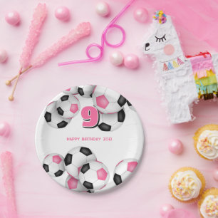 black pink soccer balls girls birthday party paper plate