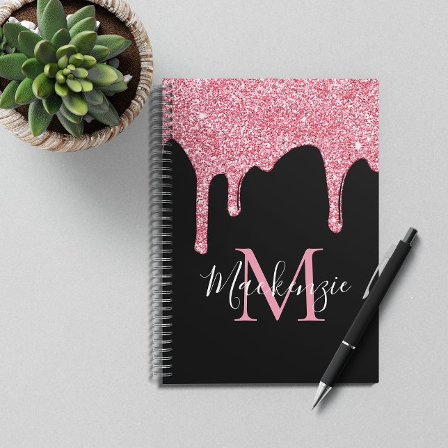 Black Pink Sparkle Glitter Drips Monogram Notebook (Creator Uploaded)