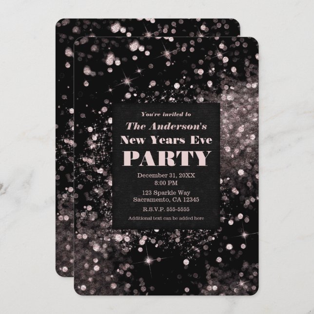Black & Pink Sparkling Lights New Years Eve Party Invitation (Front/Back)