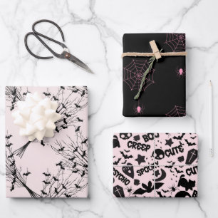 Black Pink Spider Bats Cool Cute Spooky Halloween Wrapping Paper Sheet