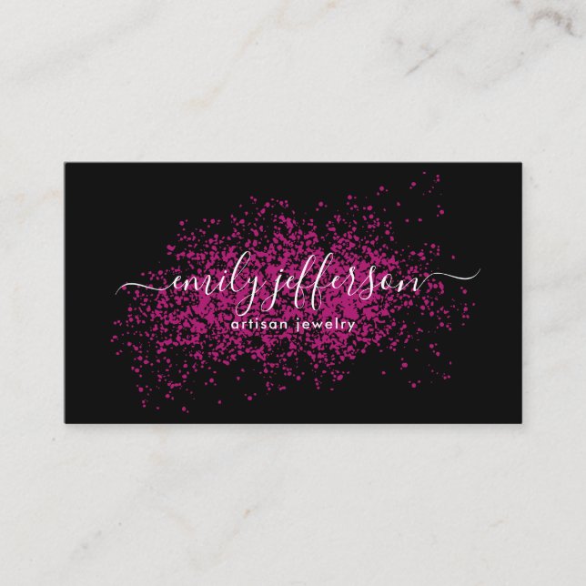Black Pink Splatters Script Minimalist Custom Business Card (Front)